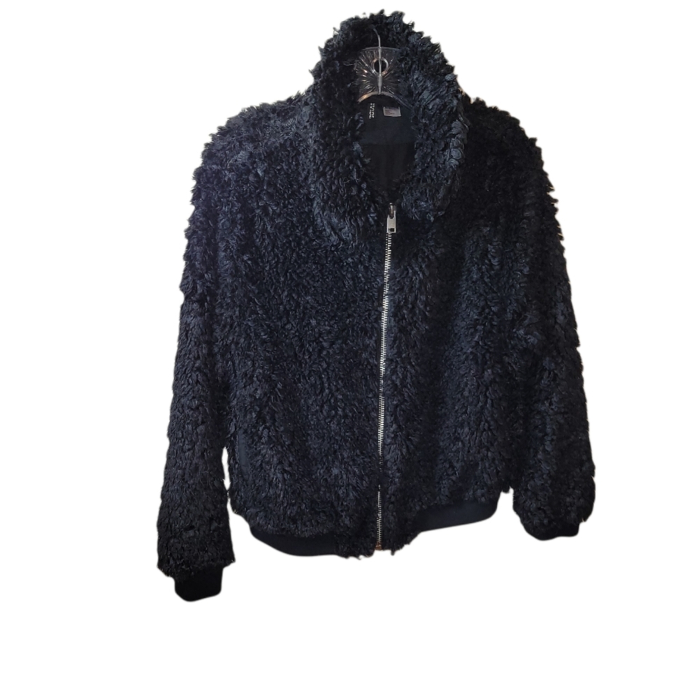 Divided By H&M Women's Black Furry Soft Fluffy Junior Size Med Zipup Coat Jacket